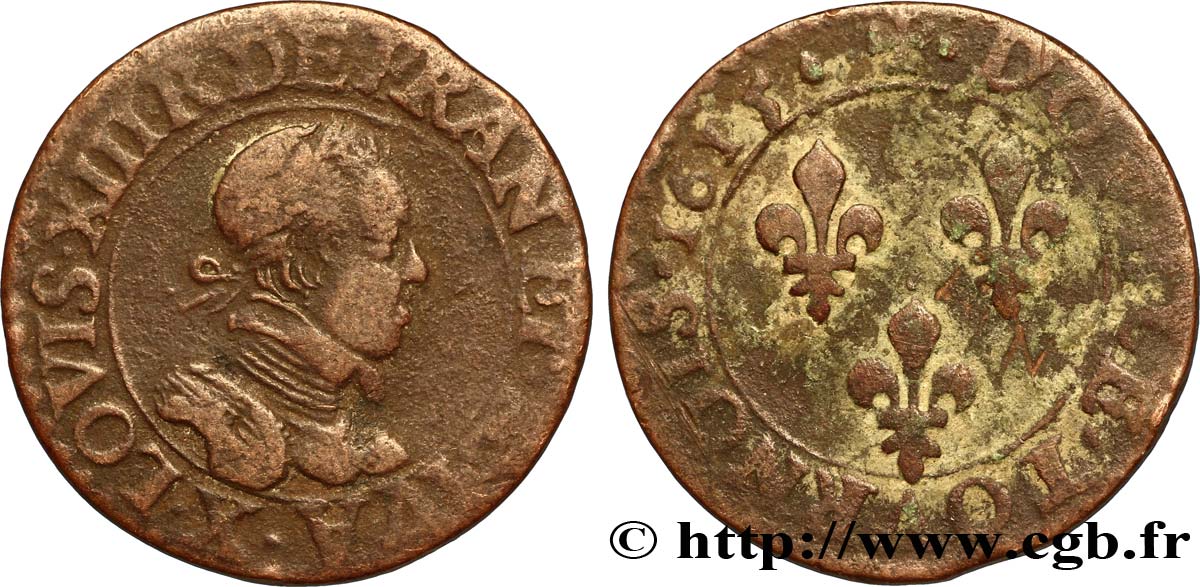 LOUIS XIII LE JUSTE Double tournois, type 2 d’Amiens 1615 Amiens TTB