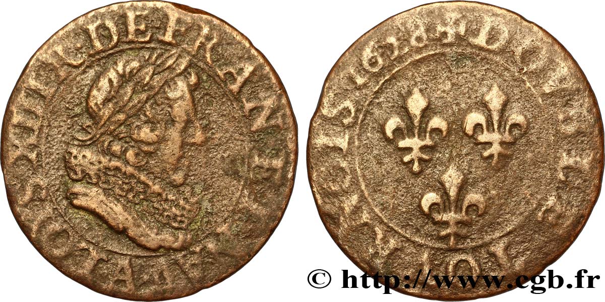 LOUIS XIII LE JUSTE Double tournois, type 5 de Paris 1628 Paris TB+