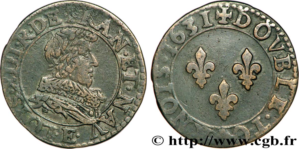 LOUIS XIII LE JUSTE Double tournois, type 1 de Tours 1631 Tours TTB