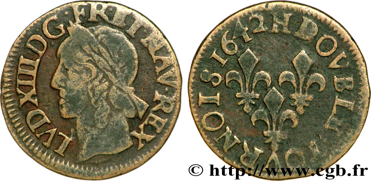 LOUIS XIII LE JUSTE Double tournois, type de Warin 1642 La Rochelle TB+