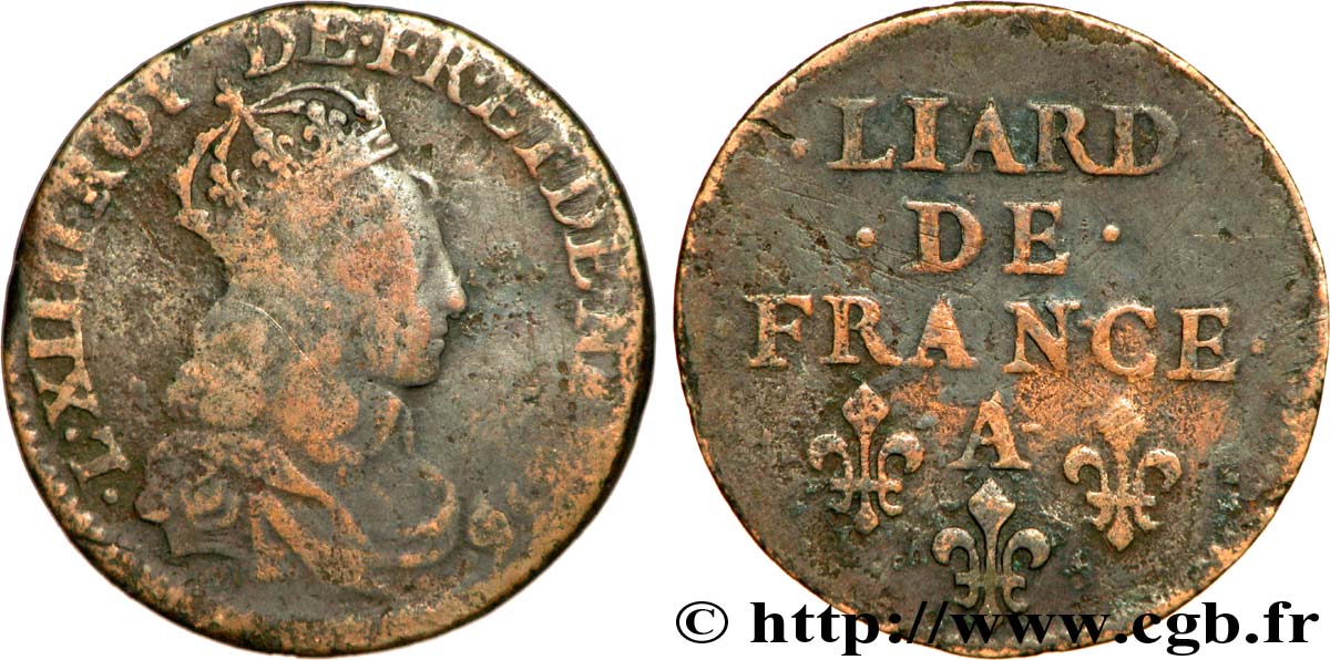 LOUIS XIV LE GRAND OU LE ROI SOLEIL Liard de cuivre, type 2 de Paris 1656 Corbeil B+/TB