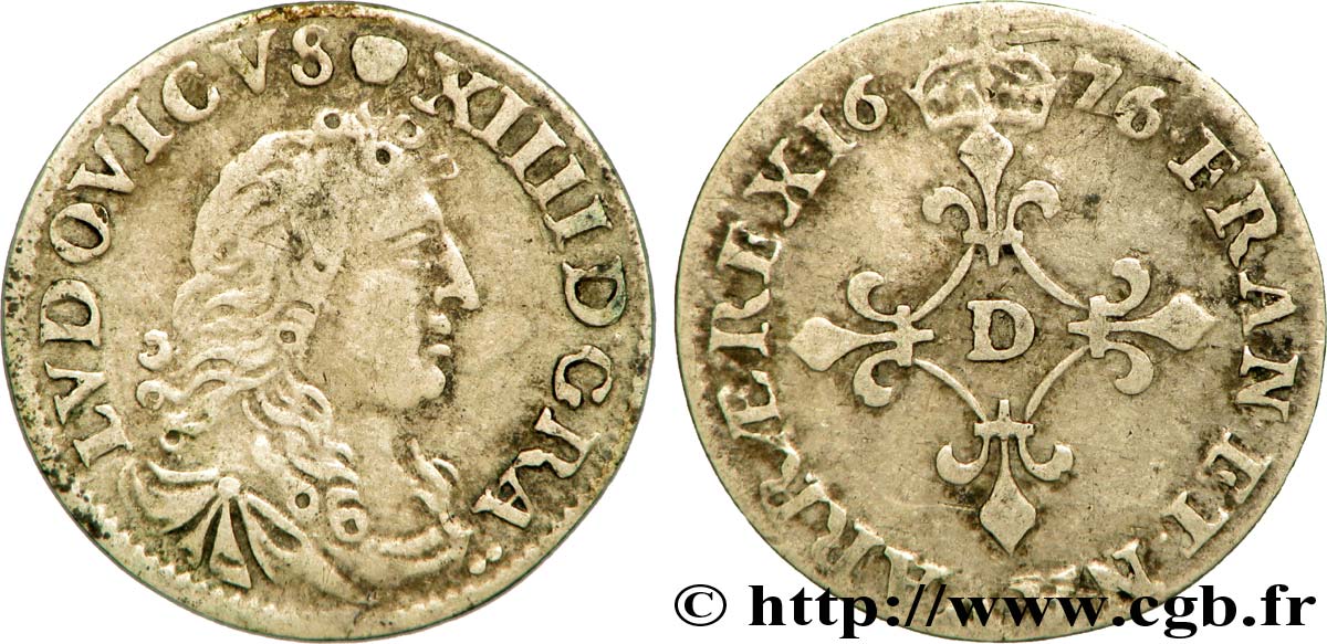 LOUIS XIV LE GRAND OU LE ROI SOLEIL Quatre sols à la croix formée de lis 1676 Vimy-en-Lyonnais (actuellement Neuville-sur-Saône) TB+