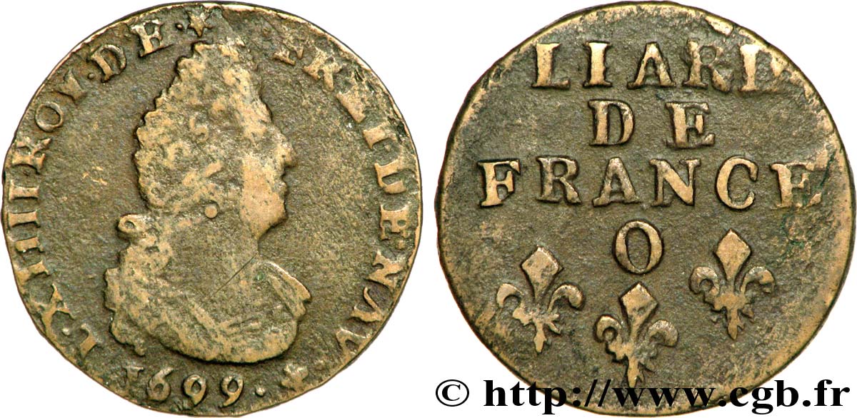 LOUIS XIV LE GRAND OU LE ROI SOLEIL Liard, 3e type, buste âgé, carré de droit du douzième d’écu 1699 Riom TTB