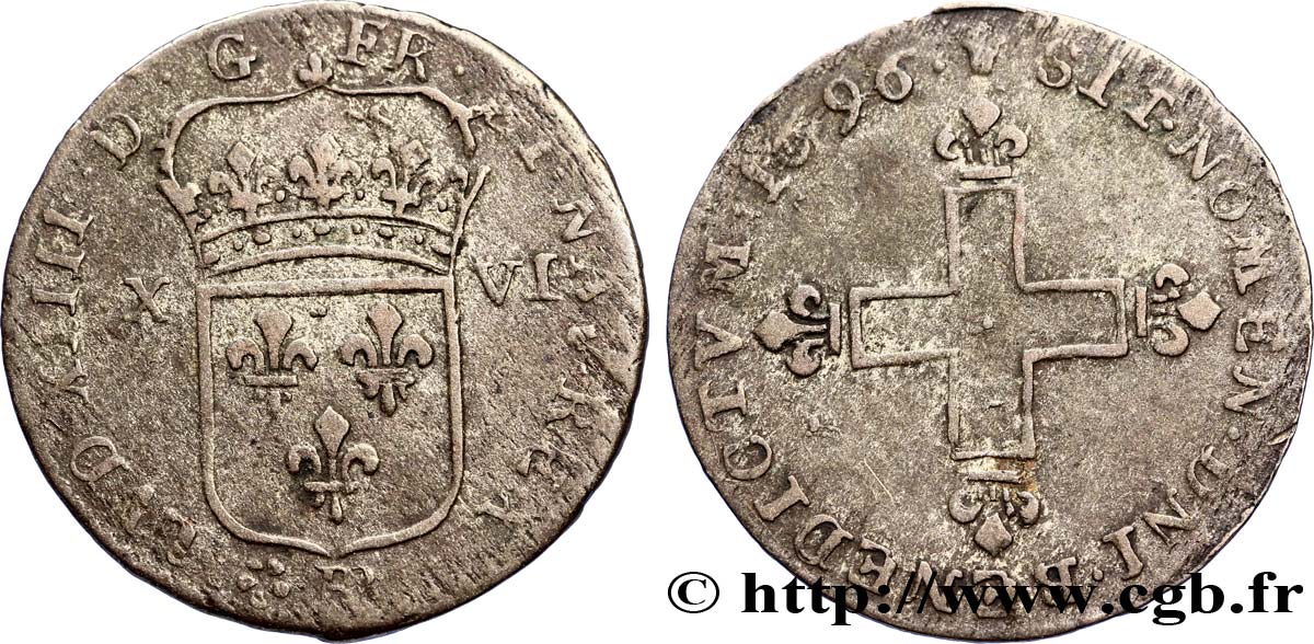 LOUIS XIV LE GRAND OU LE ROI SOLEIL XVI deniers 1696 Strasbourg TTB