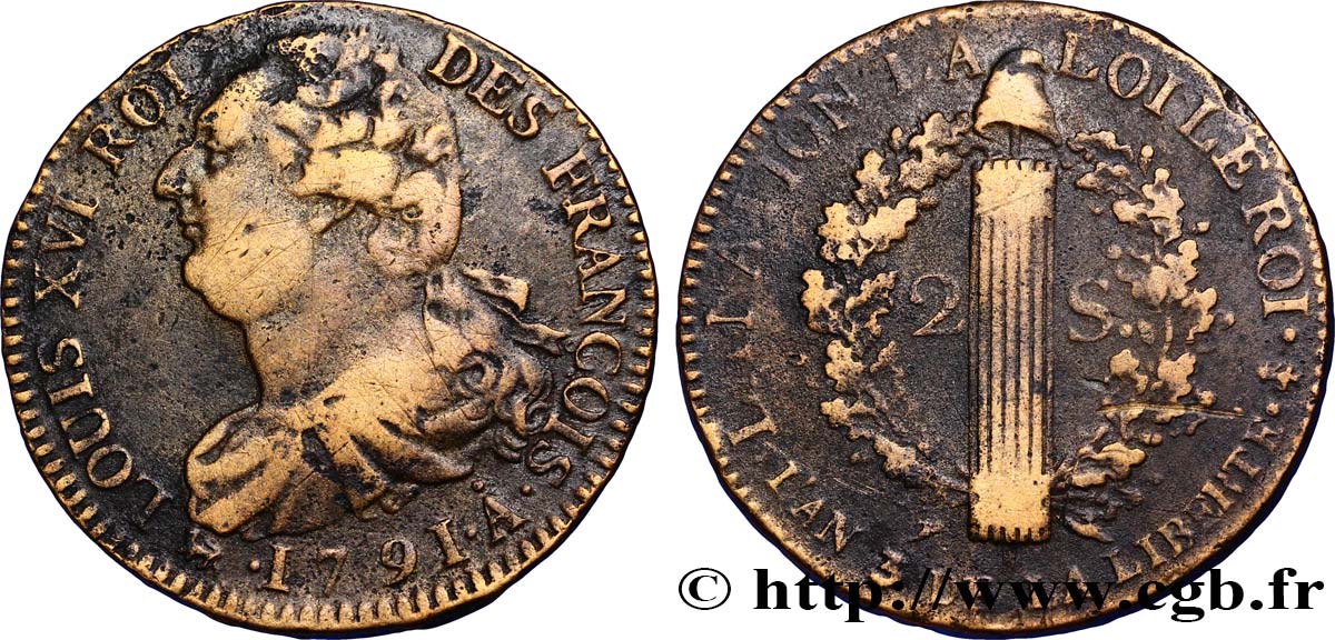 LOUIS XVI (MONARQUE CONSTITUTIONNEL)  2 sols dit  au faisceau , type FRANÇOIS 1791 Paris TB+