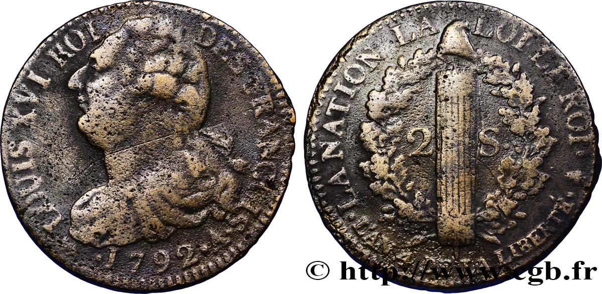 LOUIS XVI (MONARQUE CONSTITUTIONNEL)  2 sols dit &nbsp;au faisceau&nbsp;, type FRANÇOIS 1792 Paris TB/TB+