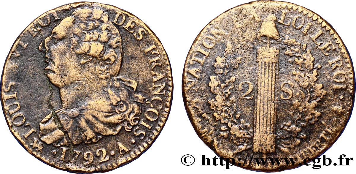 LOUIS XVI (MONARQUE CONSTITUTIONNEL)  2 sols dit &nbsp;au faisceau&nbsp;, type FRANÇOIS 1792 Paris TB+