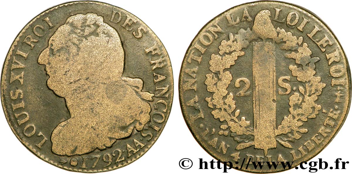 LOUIS XVI 2 sols dit  au faisceau , type FRANÇOIS 1792 Metz VG/F