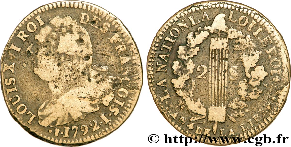 LOUIS XVI (MONARQUE CONSTITUTIONNEL)  2 sols dit &nbsp;au faisceau&nbsp;, type FRANÇOIS 1792 Clermont-Ferrand TB/TB+