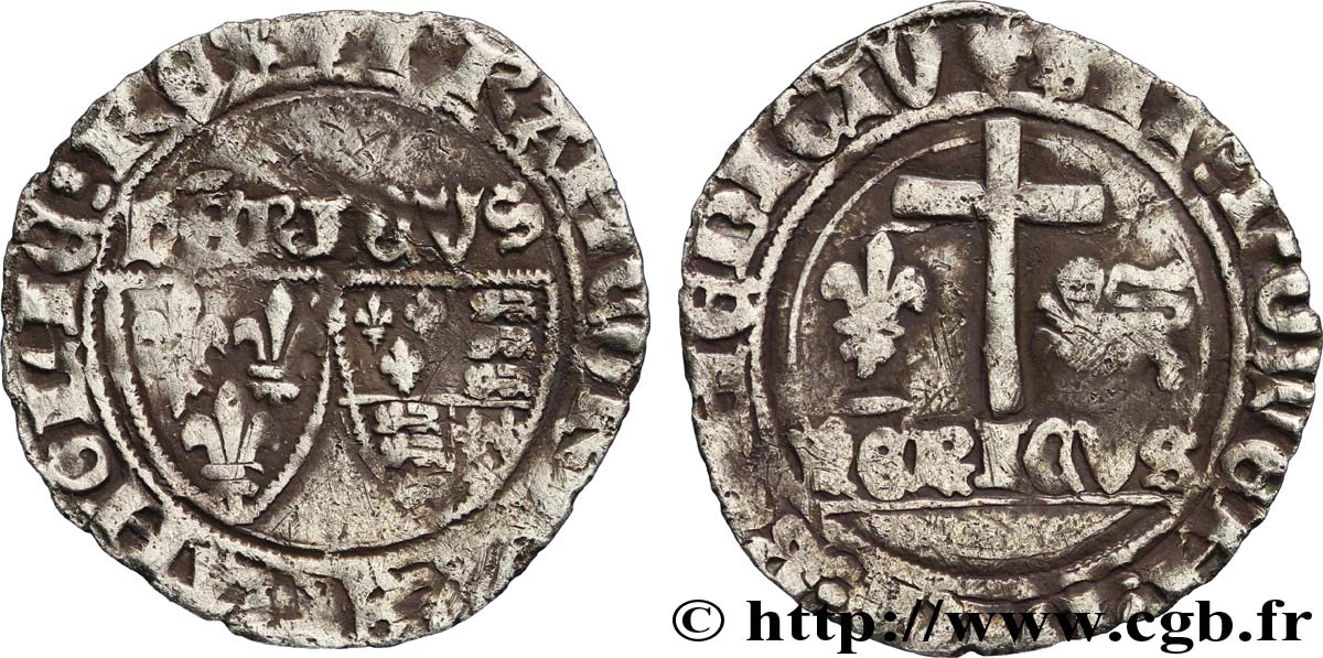 HENRY VI DE LANCASTRE - ROI DE FRANCE (1422-1453) - ROI D&nbsp;ANGLETERRE (1422-1461) et (1470-1471) Blanc aux écus n.d. Saint-Lô TB+/TB