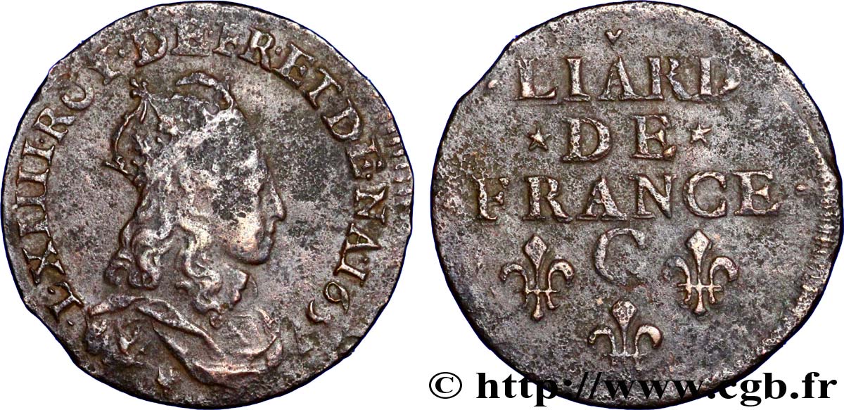 LOUIS XIV LE GRAND OU LE ROI SOLEIL Liard de cuivre, type 5 1657 Caen TB+