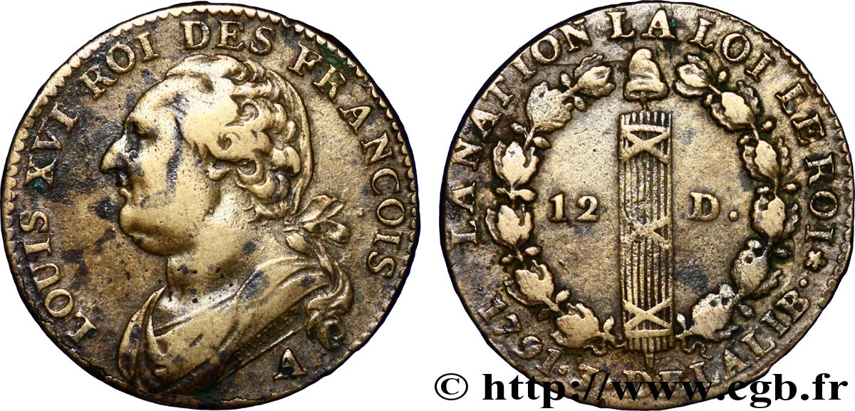 LOUIS XVI (MONARQUE CONSTITUTIONNEL)  12 deniers dit  au faisceau , type FRANCOIS 1791 Paris TTB