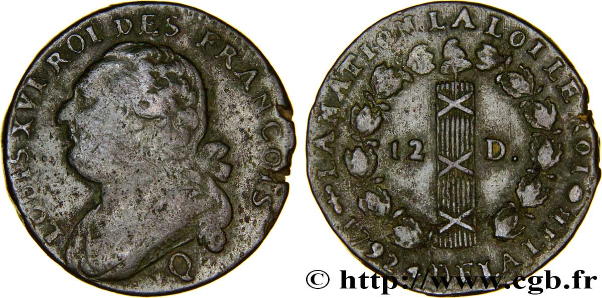 LOUIS XVI (MONARQUE CONSTITUTIONNEL)  12 deniers dit  au faisceau , type FRANCOIS 1792 Perpignan TTB