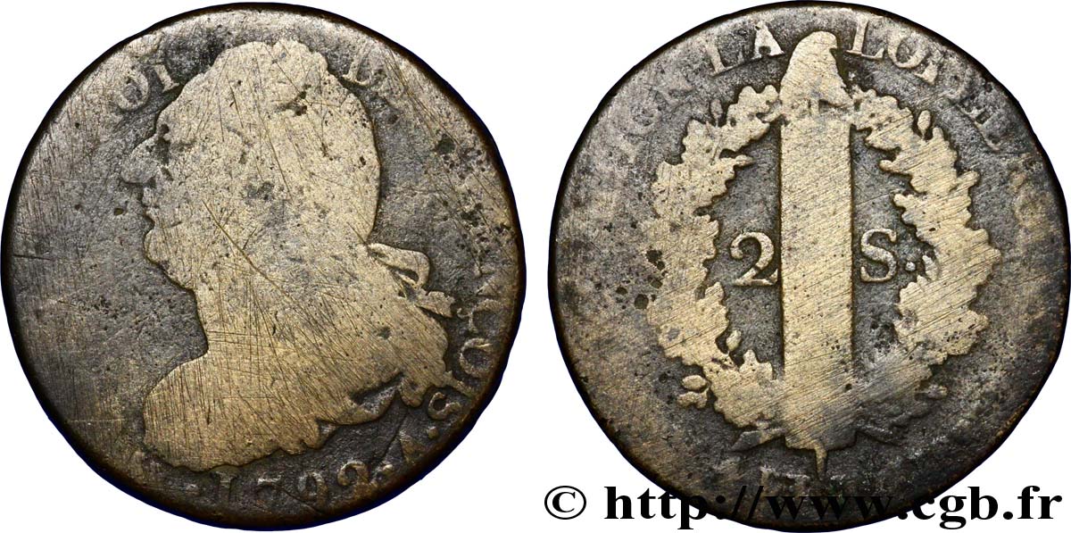 LOUIS XVI (MONARQUE CONSTITUTIONNEL)  2 sols dit &nbsp;au faisceau&nbsp;, type FRANÇOIS 1792 Paris AB