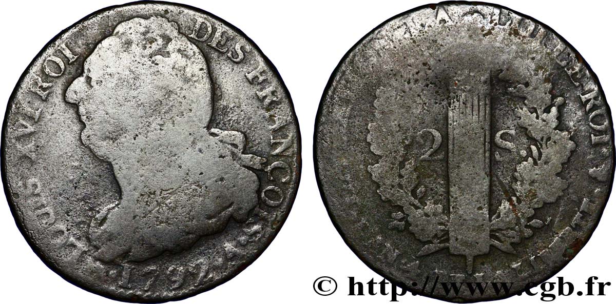 LOUIS XVI 2 sols dit  au faisceau , type FRANÇOIS 1792 Paris VG