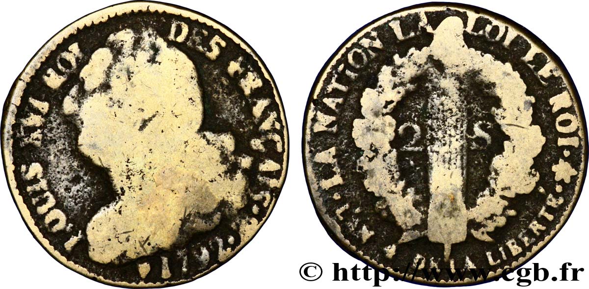 LOUIS XVI (MONARQUE CONSTITUTIONNEL)  2 sols dit  au faisceau , type FRANÇAIS 1792 Strasbourg B