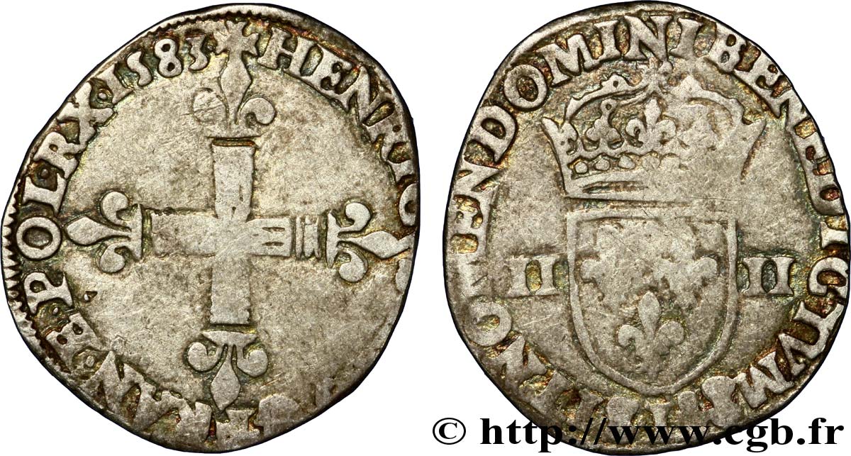 HENRI III Quart d écu, croix de face 1583 Bayonne TB