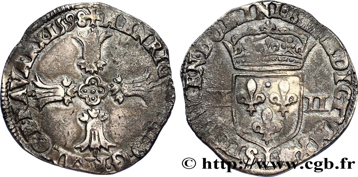 HENRI IV LE GRAND Quart d&nbsp;écu, croix feuillue de face 1598 Bayonne TB+