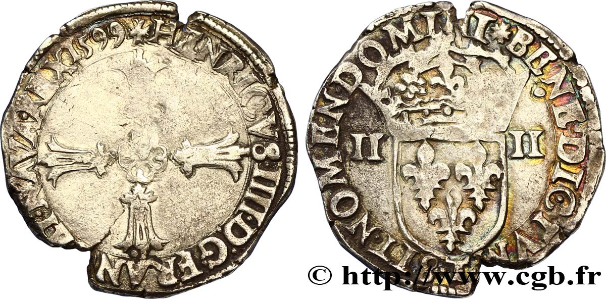 HENRI IV LE GRAND Quart d écu, croix feuillue de face 1599 Nantes TB+/TTB