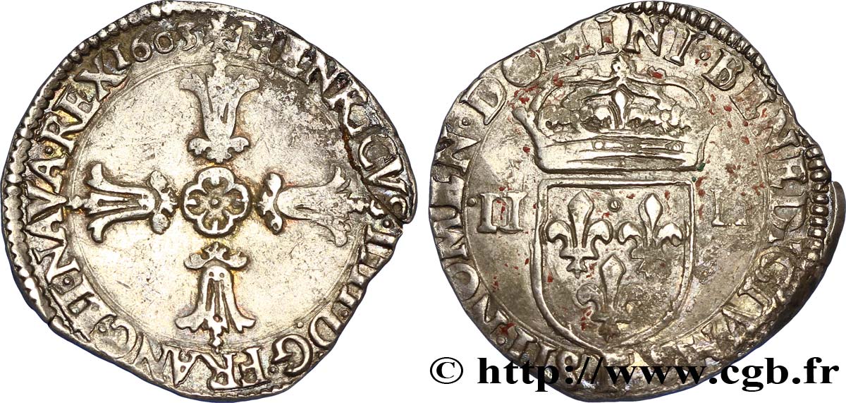 HENRI IV LE GRAND Quart d écu, croix feuillue de face 1603 Angers TTB/TB+