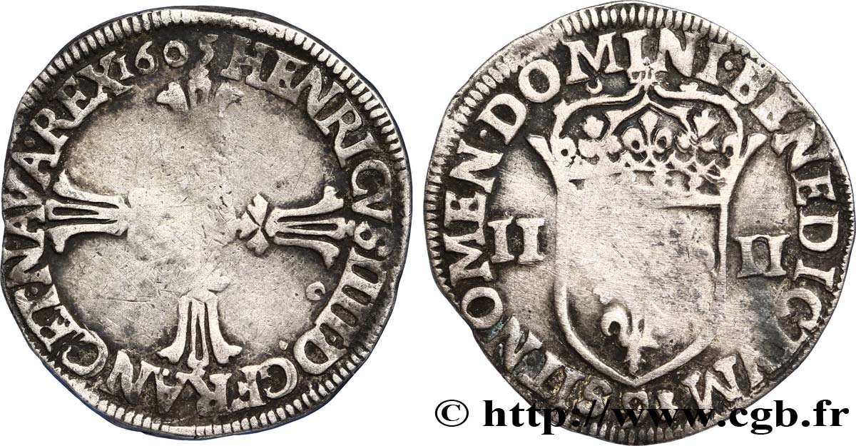 HENRY IV Quart d écu, croix feuillue de face 1605 Rennes S
