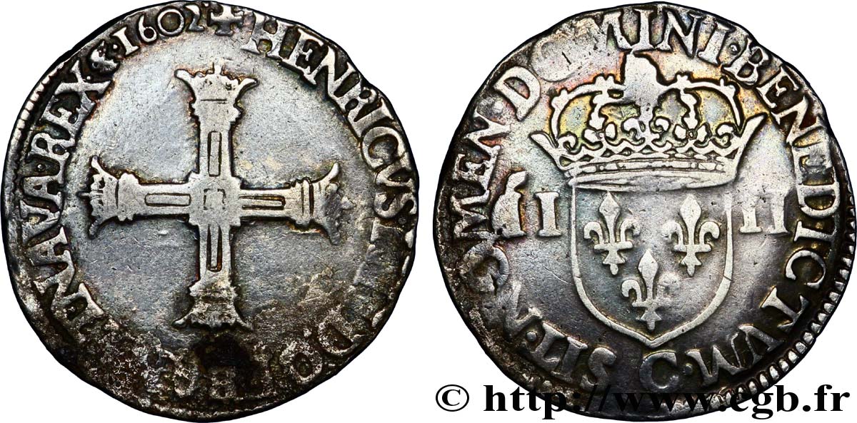 HENRI IV LE GRAND Quart d écu, croix bâtonnée et couronnée de face 1602 Saint-Lô TB+/TTB