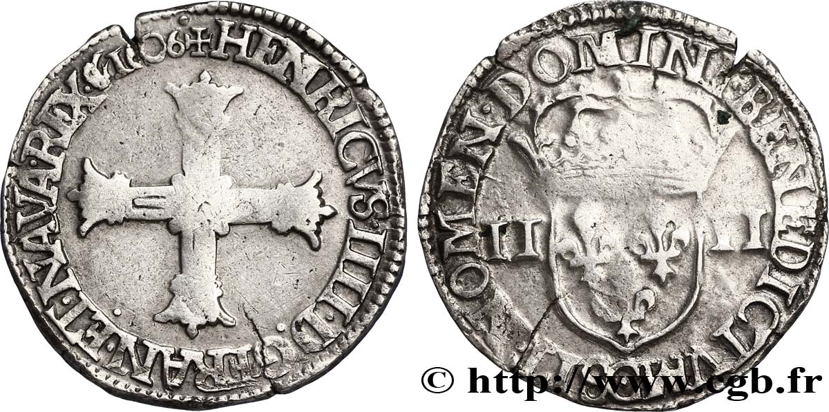 HENRY IV Quart d écu, croix bâtonnée et couronnée de face 1606 Saint-Lô BC+/MBC