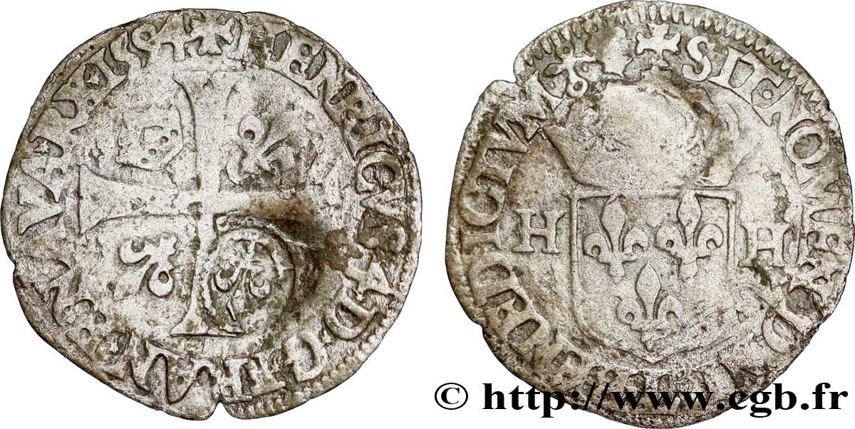 HENRI IV LE GRAND Quinzain sur un douzain aux deux H, 3e type d’Henri IV 1594 Bayonne B+