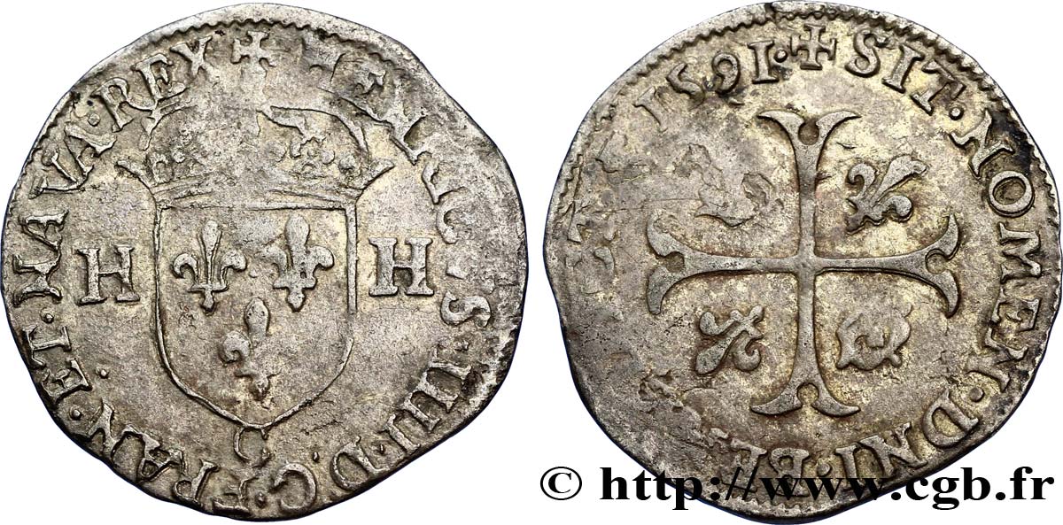 HENRI IV LE GRAND Douzain aux deux H, 2e type 1591 Saint-Lô TTB
