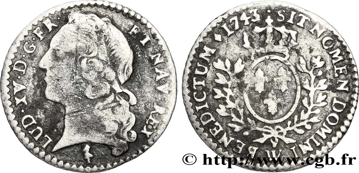 LOUIS XV DIT LE BIEN AIMÉ Vingtième d écu aux branches d’olivier, tête ceinte d’un bandeau 1743 Lille TB