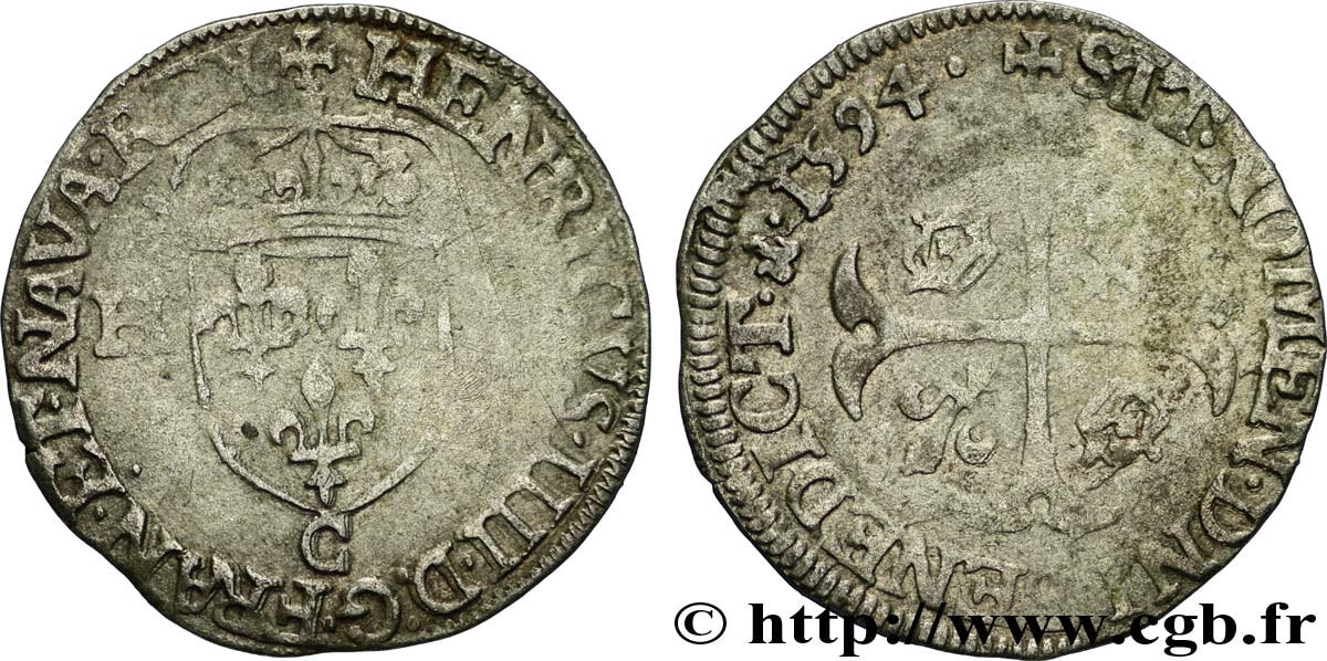 HENRY IV Douzain aux deux H, 2e type 1594 Saint-Lô BC+