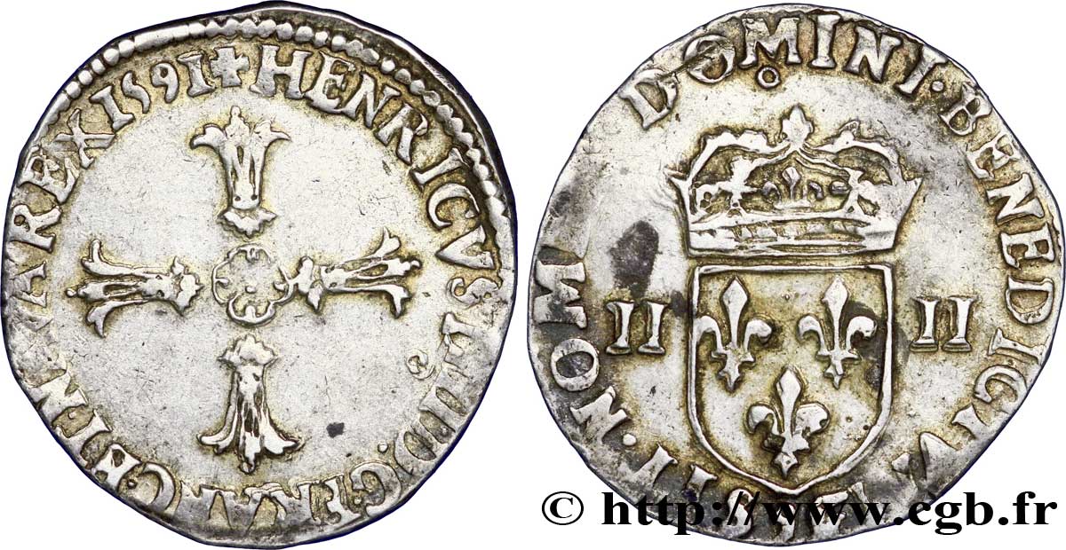 HENRI IV LE GRAND Quart d&nbsp;écu, croix feuillue de face 1591 Rennes TTB