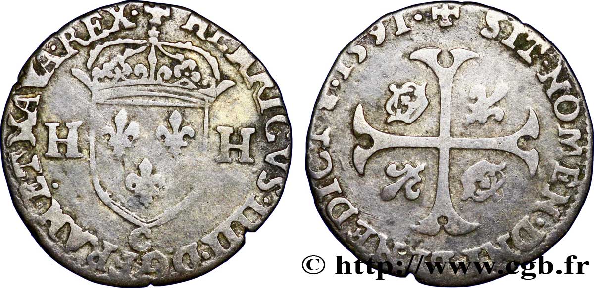 HENRY IV Douzain aux deux H, 2e type 1591 Saint-Lô q.BB