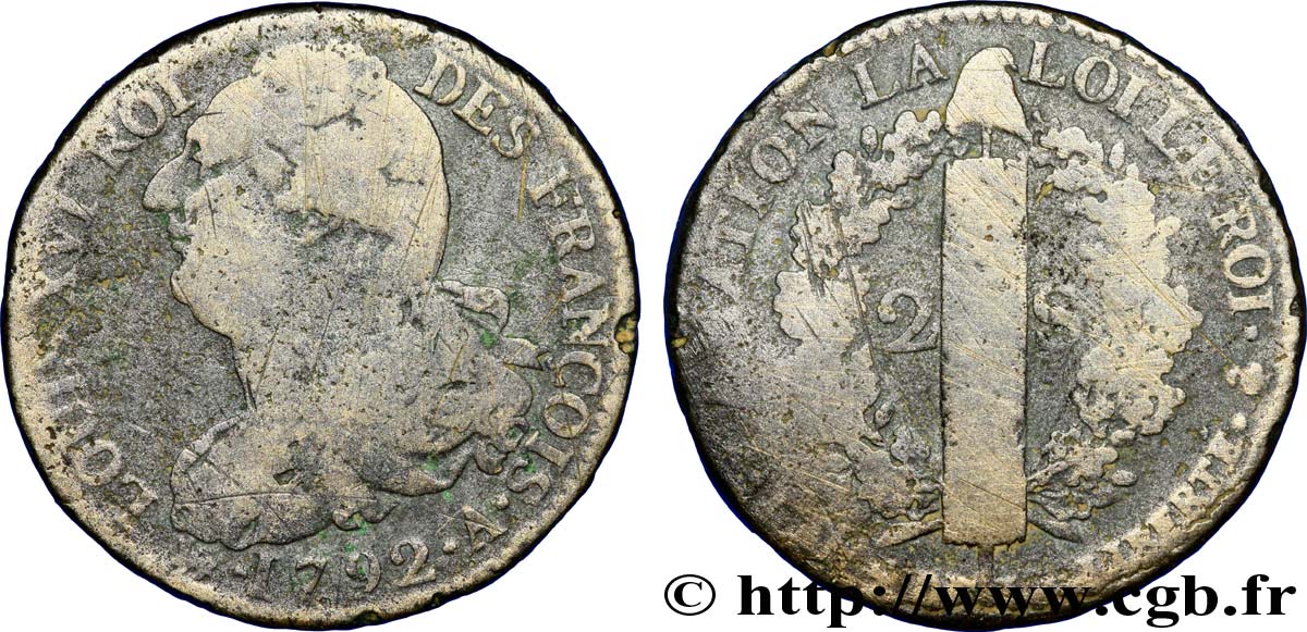 LOUIS XVI (MONARQUE CONSTITUTIONNEL)  2 sols dit &nbsp;au faisceau&nbsp;, type FRANÇOIS 1792 Paris B