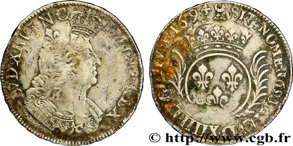 LOUIS XIV LE GRAND OU LE ROI SOLEIL Écu aux palmes 1694 Paris TB+
