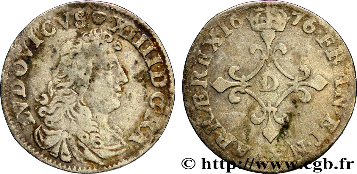 LOUIS XIV LE GRAND OU LE ROI SOLEIL Quatre sols à la croix formée de lis 1676 Vimy-en-Lyonnais (actuellement Neuville-sur-Saône) TB