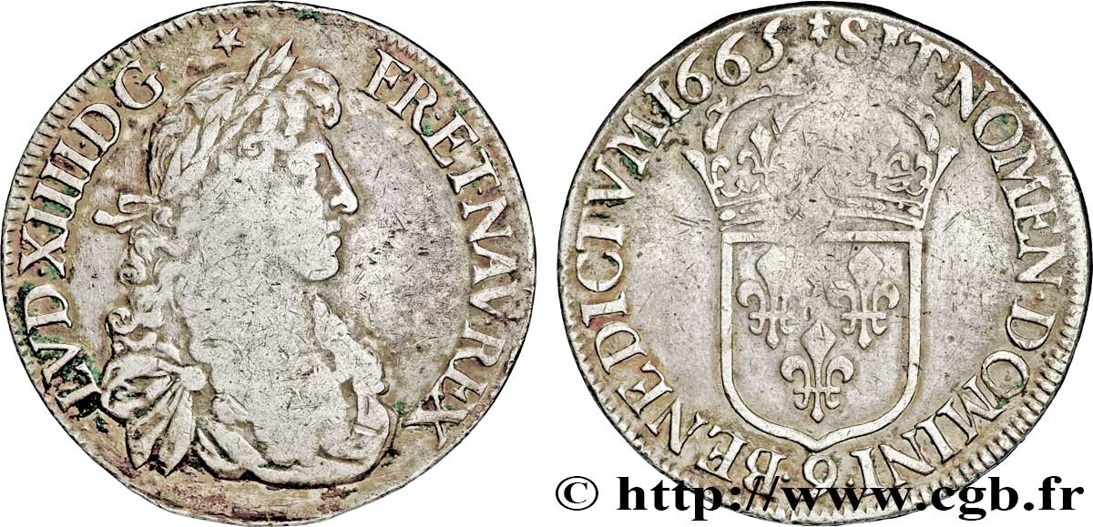 LOUIS XIV LE GRAND OU LE ROI SOLEIL Écu, portrait apollinien 1665 Rennes TB+