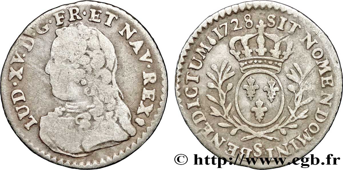 LOUIS XV DIT LE BIEN AIMÉ Vingtième d’écu aux branches d’olivier, buste habillé 1728 Reims TB/TB+