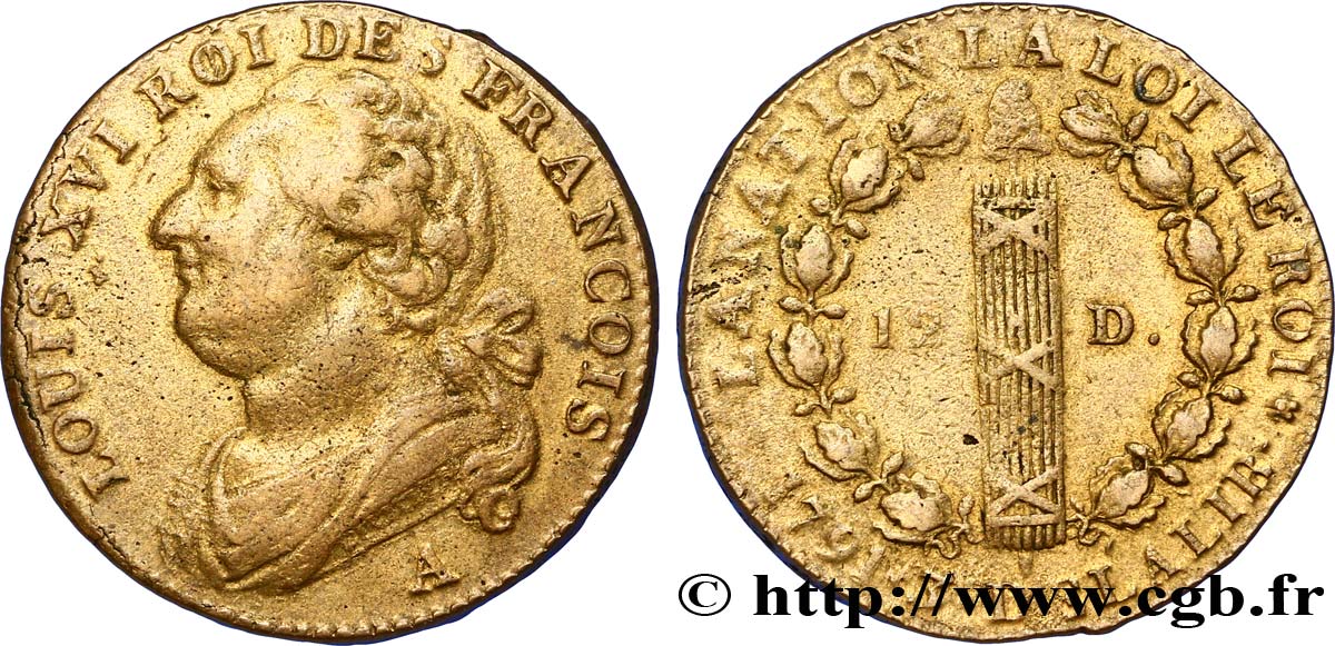 LOUIS XVI (MONARQUE CONSTITUTIONNEL)  12 deniers dit  au faisceau , type FRANCOIS 1791 Paris TTB