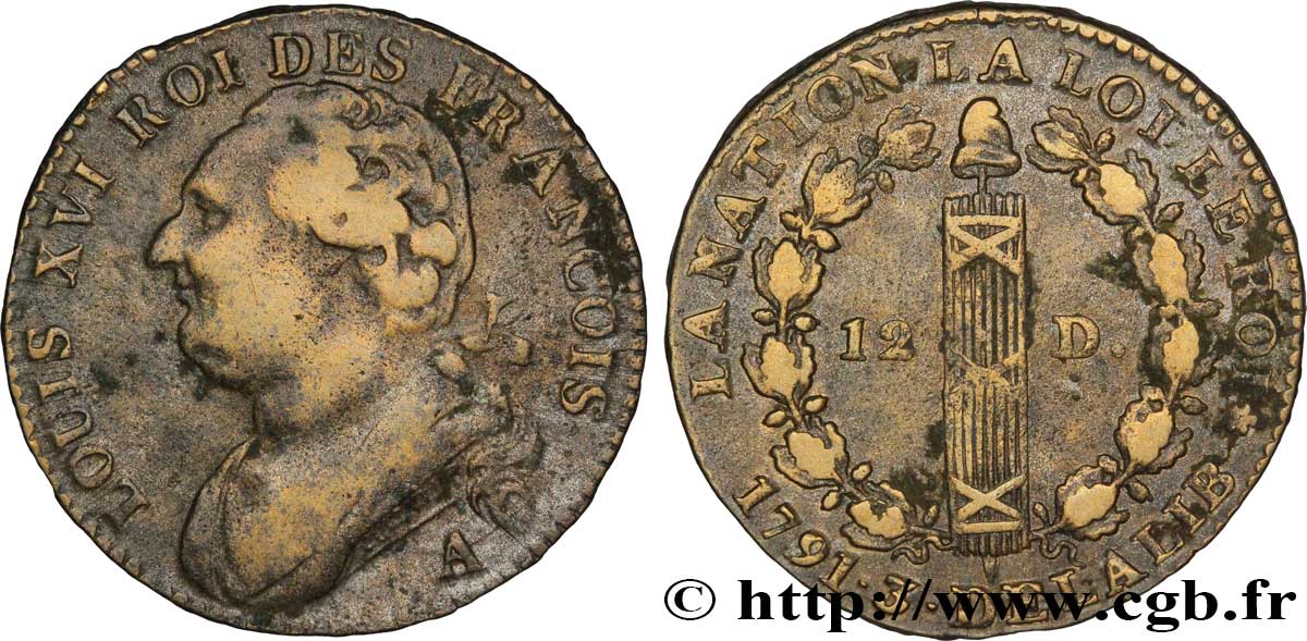 LOUIS XVI (MONARQUE CONSTITUTIONNEL)  12 deniers dit  au faisceau , type FRANCOIS 1791 Paris TB