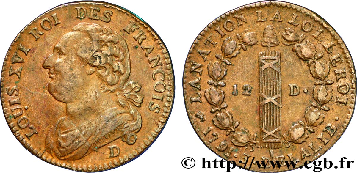 LOUIS XVI (MONARQUE CONSTITUTIONNEL)  12 deniers dit &nbsp;au faisceau&nbsp;, type FRANCOIS 1791 Lyon TTB+
