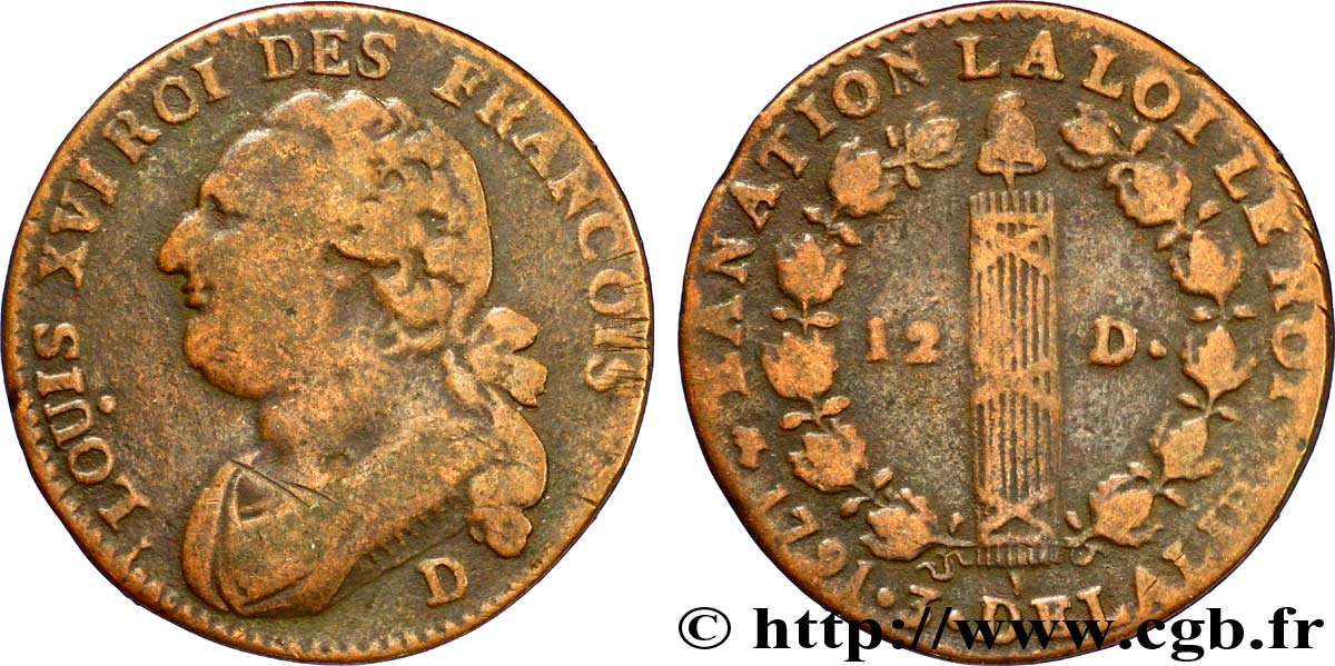 LOUIS XVI (MONARQUE CONSTITUTIONNEL)  12 deniers dit &nbsp;au faisceau&nbsp;, type FRANCOIS 1791 Lyon TB