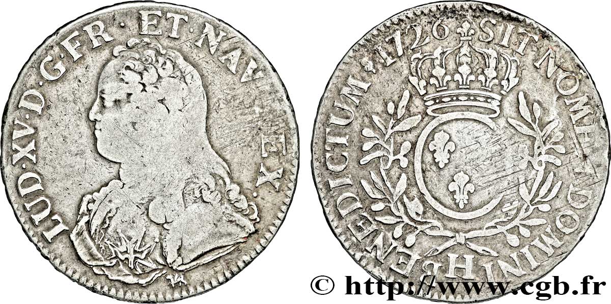 LOUIS XV DIT LE BIEN AIMÉ Écu aux branches d&nbsp;olivier, buste habillé 1726 La Rochelle  TB+