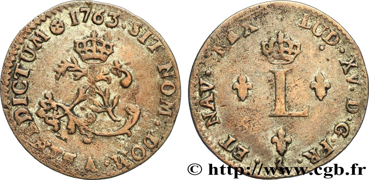 LOUIS XV DIT LE BIEN AIMÉ Double sol de billon 1763 Paris TB+