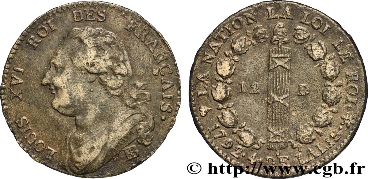 LOUIS XVI (MONARQUE CONSTITUTIONNEL)  12 deniers dit &nbsp;au faisceau&nbsp;, type FRANÇAIS 1792 Strasbourg TTB