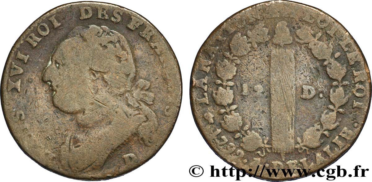 LOUIS XVI (MONARQUE CONSTITUTIONNEL)  12 deniers dit &nbsp;au faisceau&nbsp;, type FRANCOIS 1792 Lyon B