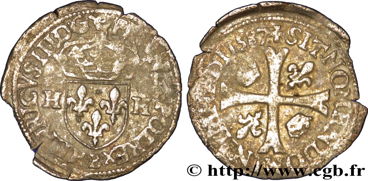 HENRI III Douzain aux deux H, 3e type 1587 Rouen TB