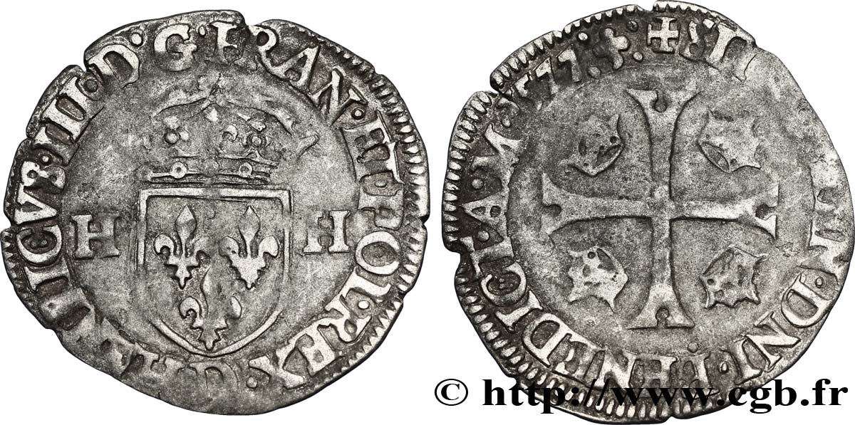 HENRI III Douzain aux deux H, 1er type 1577 Lyon TTB