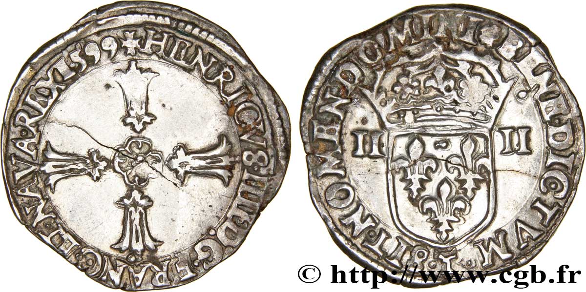 HENRI IV LE GRAND Quart d&nbsp;écu, croix feuillue de face 1599 Nantes TTB
