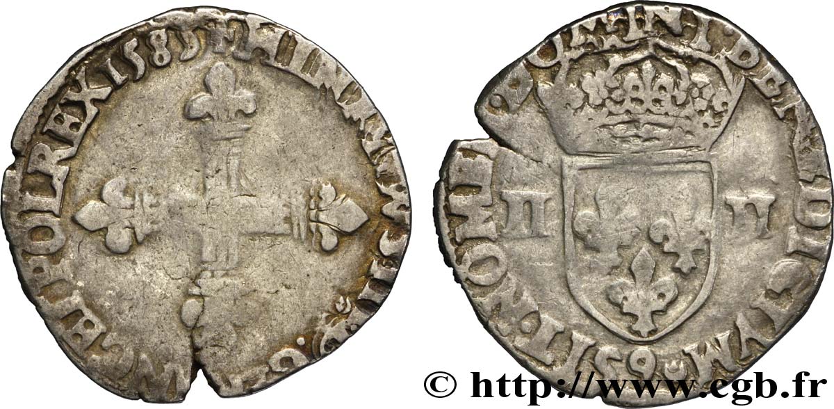 HENRI III Quart d écu, croix de face 1585 Rennes TB+